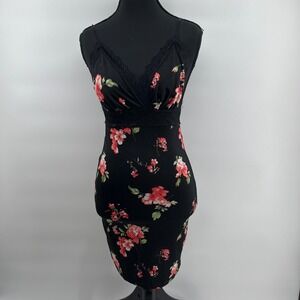 SYMPHONY Black Floral sexy Lace Trim Slip Dress Mini Spaghetti Strap Women Small